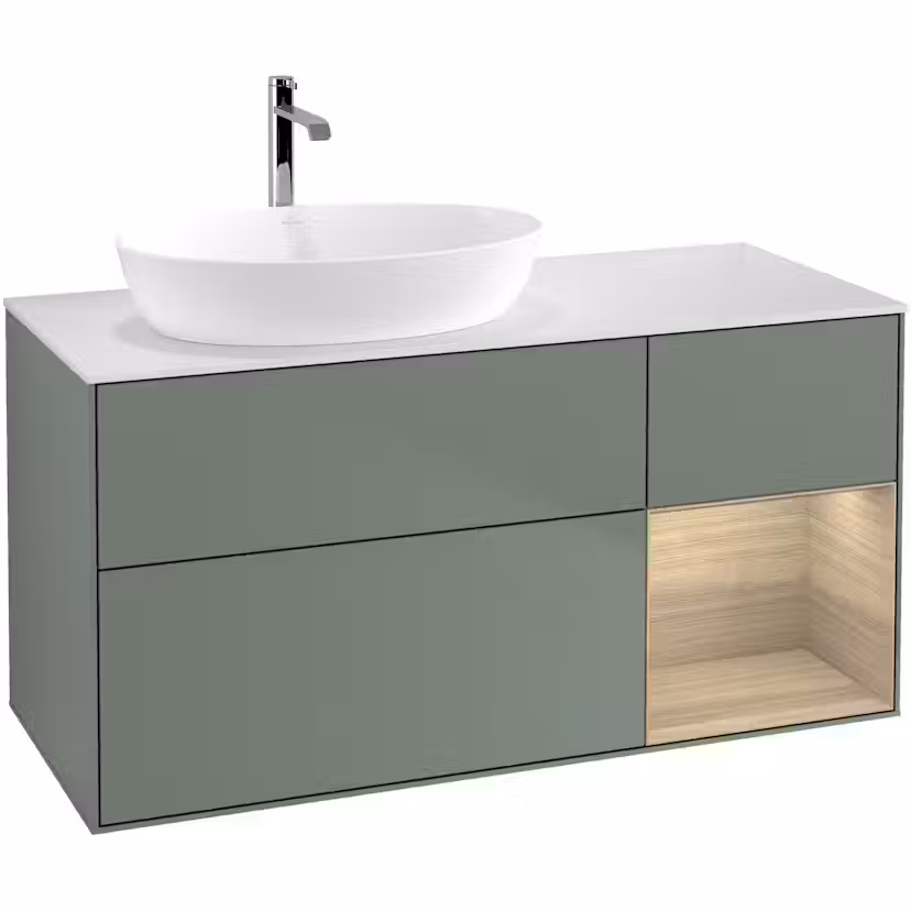 Tvättställsskåp Villeroy & Boch Finion med 3 Lådor Hylla och Bänkskiva för Ocentrerat Tvättställ från Artis & Collaro Oliv Mattlack/Ekfanér med bänkskiva i Mattvitt glas med Väggbelysning, Lucka Höger Utan Blandarhål
