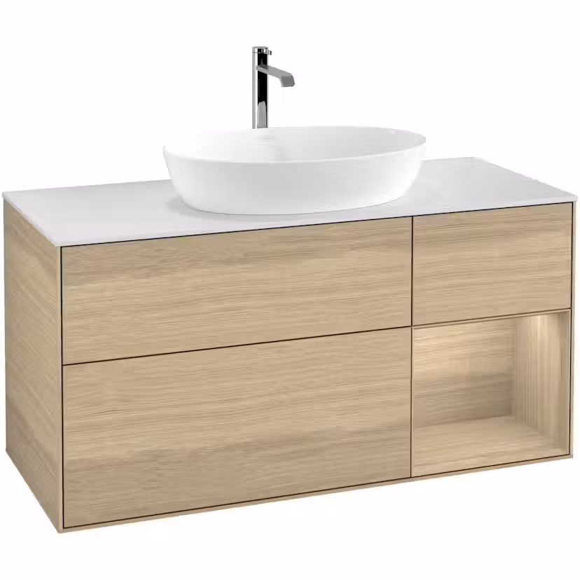 Tvättställsskåp Villeroy & Boch Finion med 3 Lådor Hylla och Bänkskiva för Fristående Tvättställ från Artis & Collaro Ekfanér/Ekfanér med bänkskiva i Mattvitt glas med Väggbelysning, Lucka Höger Med Blandarhål