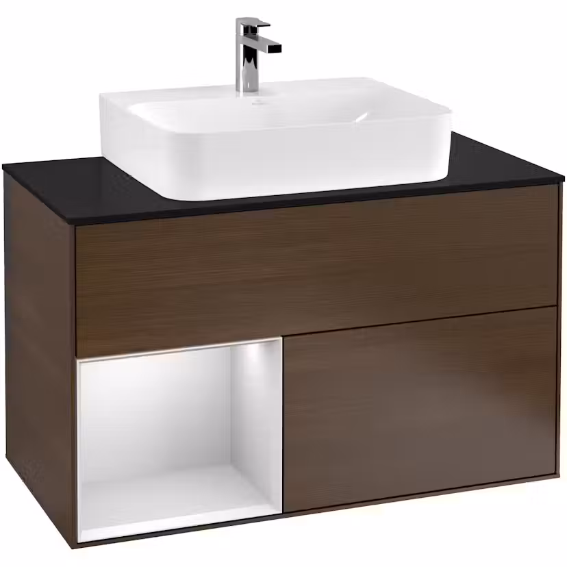 Tvättställsskåp Villeroy & Boch Finion med 2 Lådor Hylla och Bänkskiva för Centrerat Tvättställ Valnötsfanér/Vit Mattlack med bänkskiva i Mattsvart glas med Väggbelysning, Lucka Vänster