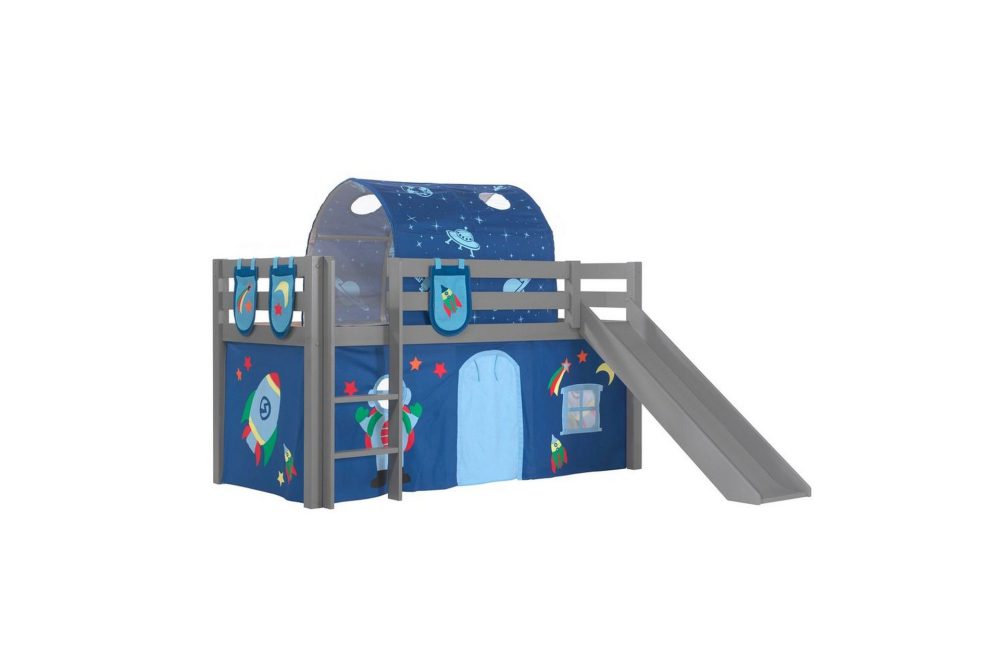 Halvhöjdssäng med gardin Pino Astro Grå, Grå, Med rutschkana, Med tunnel, 3