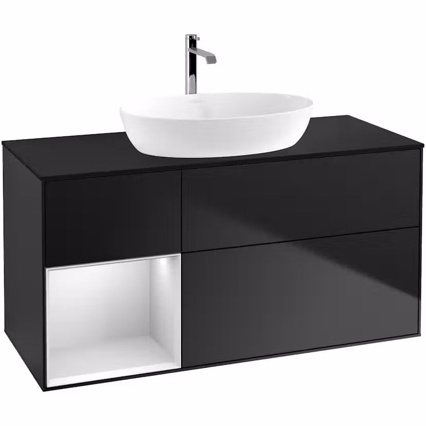 Tvättställsskåp Villeroy & Boch Finion med 3 Lådor Hylla och Bänkskiva för Fristående Tvättställ från Artis & Collaro Svart Mattlack/Vit Mattlack med bänkskiva i Mattsvart glas med Väggbelysning, Lucka Vänster Utan Blandarhål