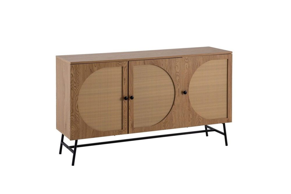 Sideboard Wohnling Folierad spånskiva ekoptik halvcirkel rottingväv look 3 dörrar modern