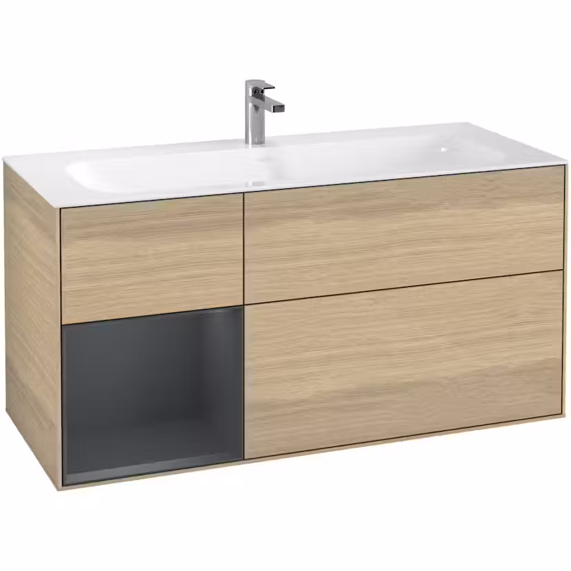 Tvättställsskåp Villeroy & Boch Finion med 3 Lådor och Hylla för Inbyggt Tvättställ Ekfanér/Midnattsblå Mattlack, Lucka Vänster
