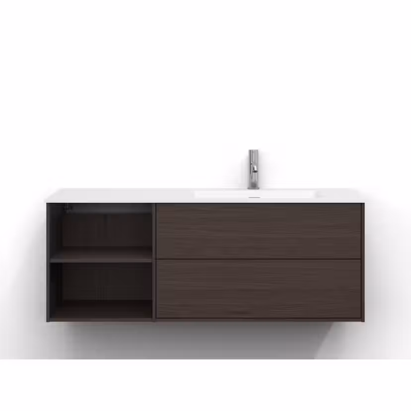 Tvättställsskåp Svedbergs Epos 120x45 med 2 Lådor och 2 Öppna Hyllor Brun Ask, Front: Plan, Placering: Höger