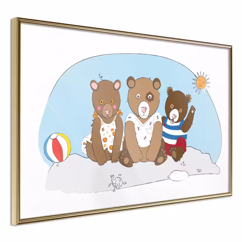 Poster Artgeist Affisch Teddy Bears on the Beach Guld ram, 60x40 cm
