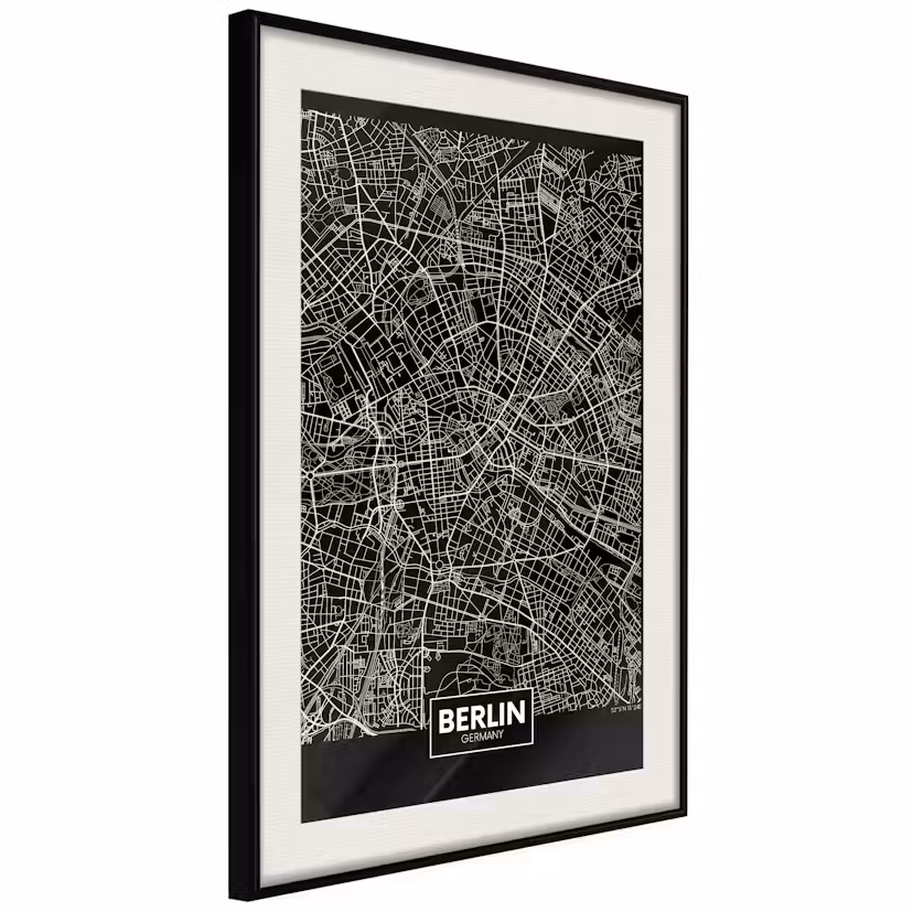 Poster Artgeist Affisch Dark Map of Berlin Svart ram med passepartout, 20x30 cm