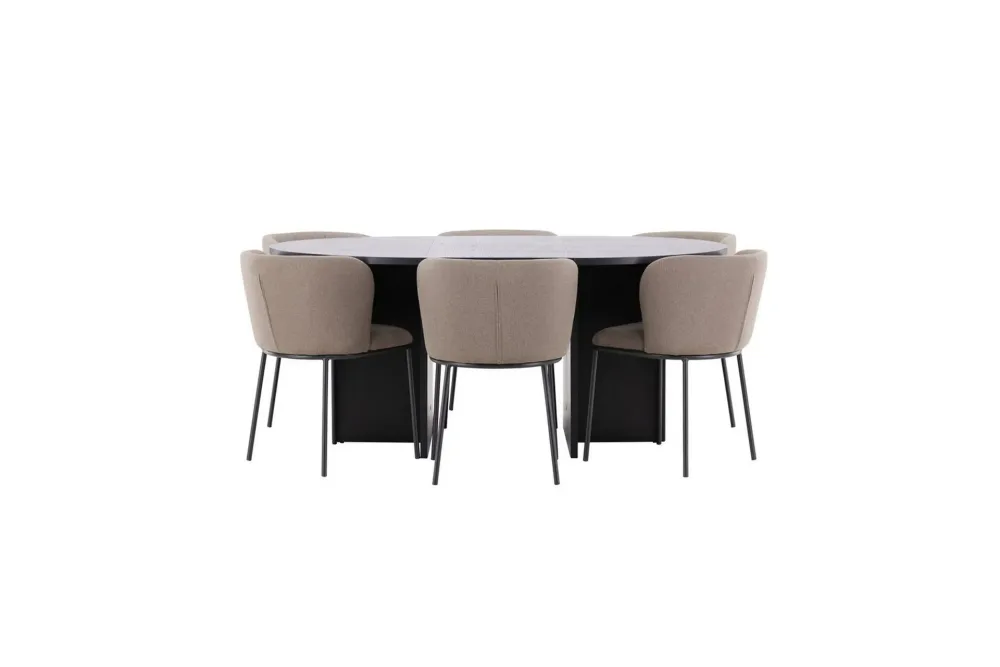 Matgrupp Strada Runt 120/170 cm Svart med Edina Stolar 6 st, Svart / Brun