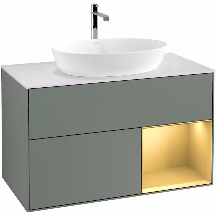 Tvättställsskåp Villeroy & Boch Finion med 2 Lådor Hylla och Bänkskiva för Fristående Tvättställ från Artis & Collaro Oliv Mattlack/Guld Mattlack med bänkskiva i Mattvitt glas med Väggbelysning, Lucka Höger Med Blandarhål