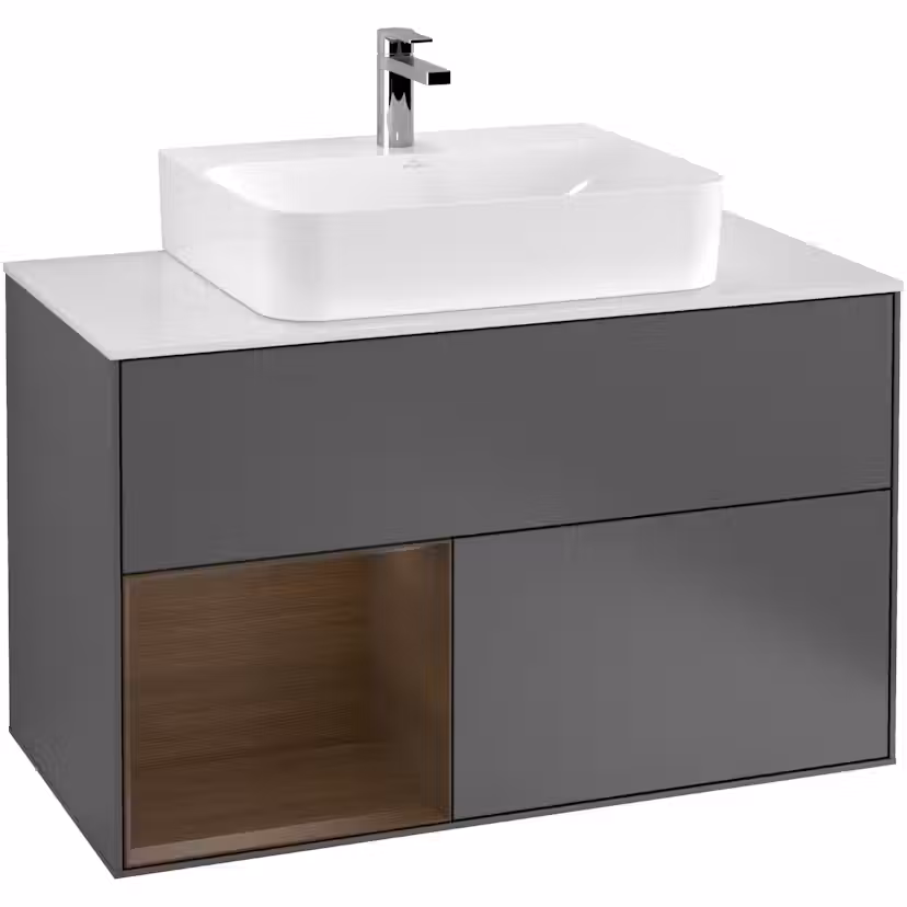 Tvättställsskåp Villeroy & Boch Finion med 2 Lådor Hylla och Bänkskiva för Centrerat Tvättställ Antracitgrå Mattlack/Valnötsfanér med bänkskiva i Mattvitt glas, Lucka Vänster