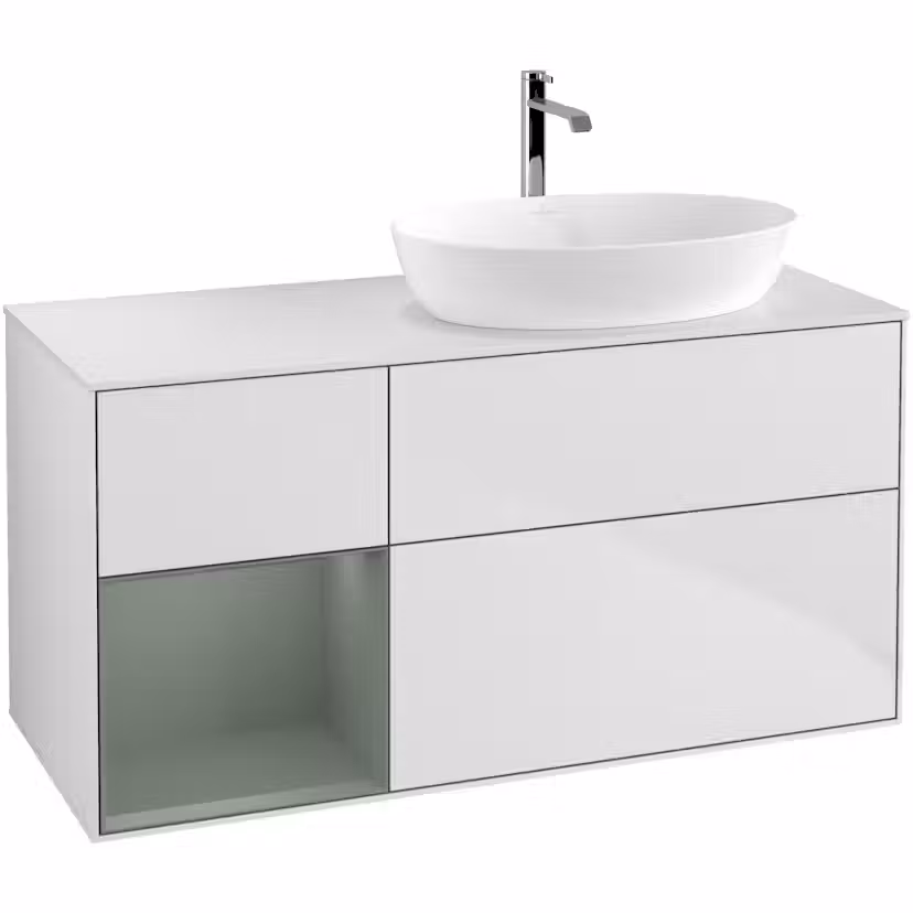 Tvättställsskåp Villeroy & Boch Finion med 3 Lådor Hylla och Bänkskiva för Ocentrerat Tvättställ från Artis & Collaro Vit Mattlack/Oliv Mattlack med bänkskiva i Mattvitt glas med Väggbelysning, Lucka Vänster Utan Blandarhål