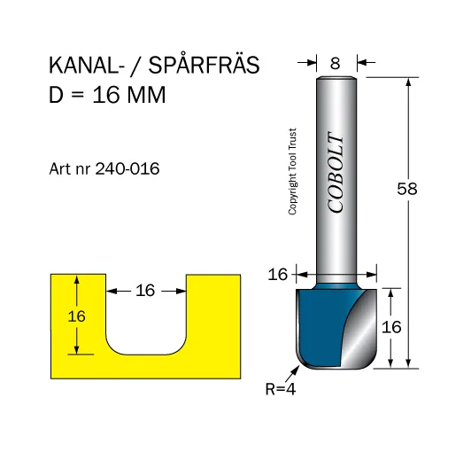 Cobolt 240-016 Kanalfräs D=16 R=4 L=16