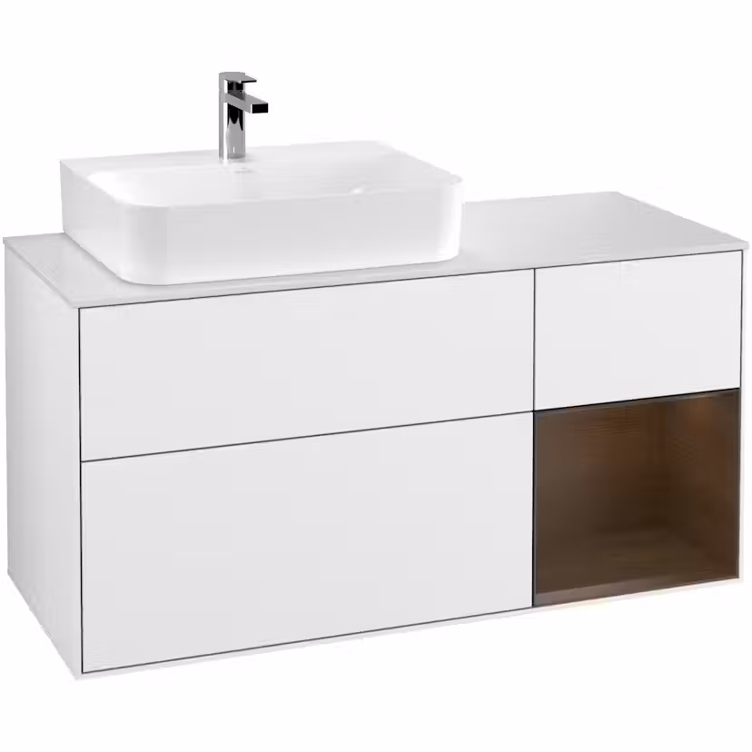 Tvättställsskåp Villeroy & Boch Finion med 3 Lådor Hylla och Bänkskiva för Ocentrerat Tvättställ Vit Högblank/Valnötsfanér med bänkskiva i Mattvitt glas med Väggbelysning, Lucka Höger