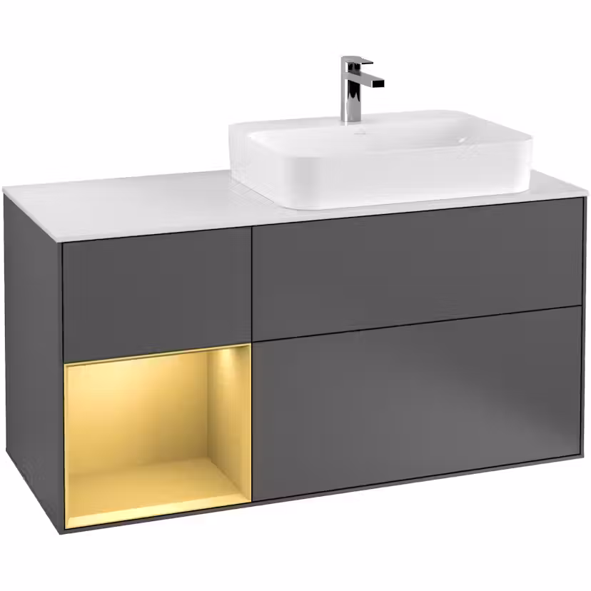 Tvättställsskåp Villeroy & Boch Finion med 3 Lådor Hylla och Bänkskiva för Ocentrerat Ytmonterat Tvättställ Antracitgrå Mattlack/Guld Mattlack med bänkskiva i Mattvitt glas med Väggbelysning, Lucka Vänster