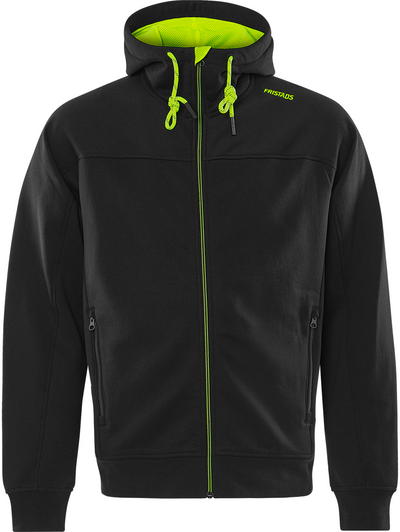 JACKA FRISTADS 7550 GSM SWEATSHIRT HUVA, SVART/HIVIS GUL STL M