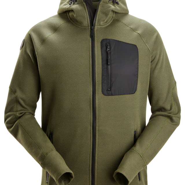 FLEECEHOODIE SNICKERS WORKWEAR FULL ZIP KHAKI, GRÖN/SVART STL M