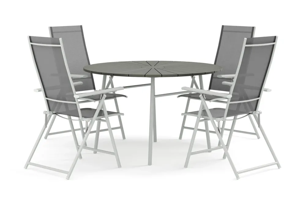 Tunis utomhus rund matgrupp 120 cm med 4 Sanna positionsstolar