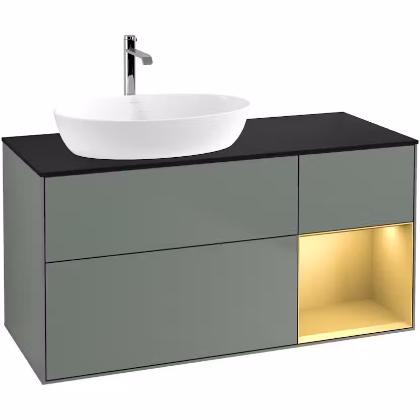 Tvättställsskåp Villeroy & Boch Finion med 3 Lådor Hylla och Bänkskiva för Ocentrerat Tvättställ från Artis & Collaro Oliv Mattlack/Guld Mattlack med bänkskiva i Mattsvart glas med Väggbelysning, Lucka Höger Utan Blandarhål