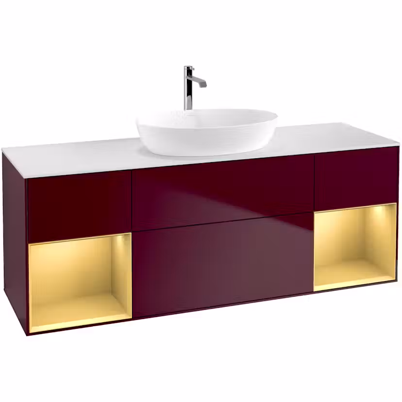Tvättställsskåp Villeroy & Boch Finion med Två Hyllor och Bänkskiva för Fristående Tvättställ från Artis & Collaro Pion Mattlack/Guld Mattlack med bänkskiva i Mattvitt glas med Väggbelysning Med Blandarhål utan Väggbelysning