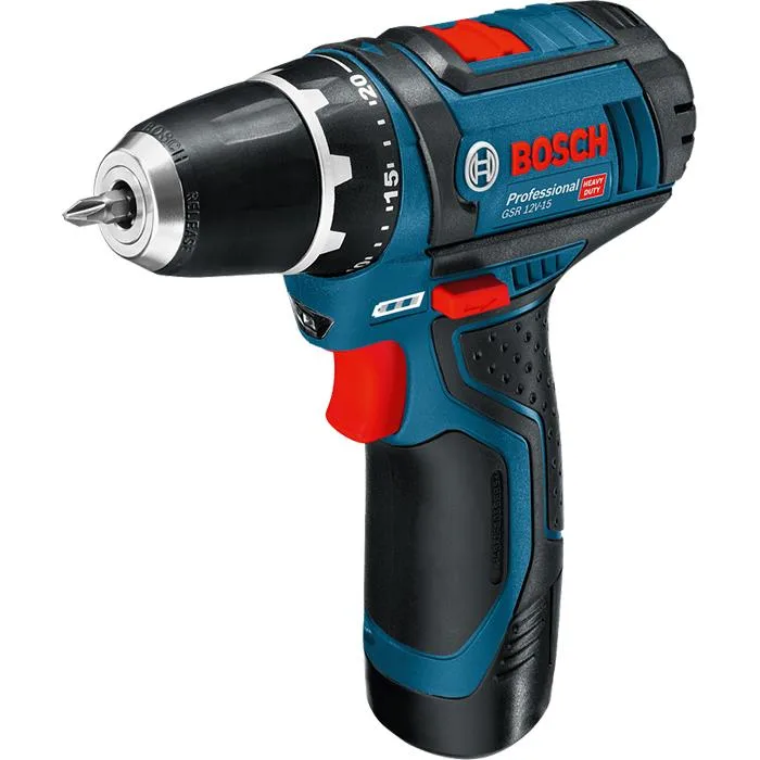 Bosch GSR 12V-15 Skruvdragare med 2 st. 2,0 Ah -batterier och laddare