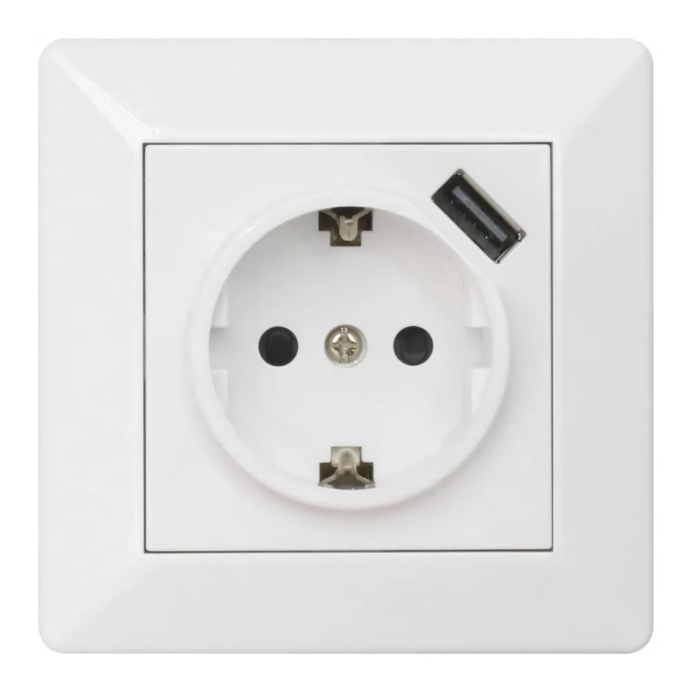 Vägguttag Delta USB 1-vägs + IXUSB, Jordad, Vit