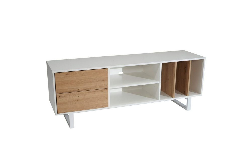 Lowboard Wohnling modernt spånskiva, 2 lådor, förvaringsbrickor, metallben, modern stil Vit, ek