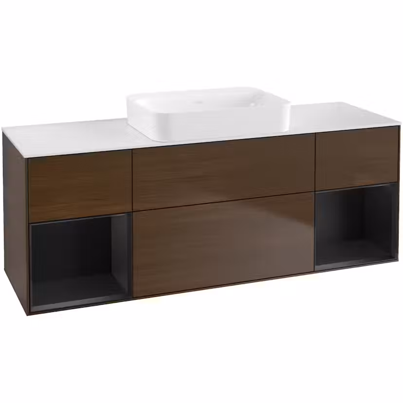 Tvättställsskåp Villeroy & Boch Finion med Två Hyllor och Bänkskiva för Fristående Tvättställ Valnötsfanér/Svart Mattlack med bänkskiva i Mattvitt glas med Väggbelysning utan Blandarhål