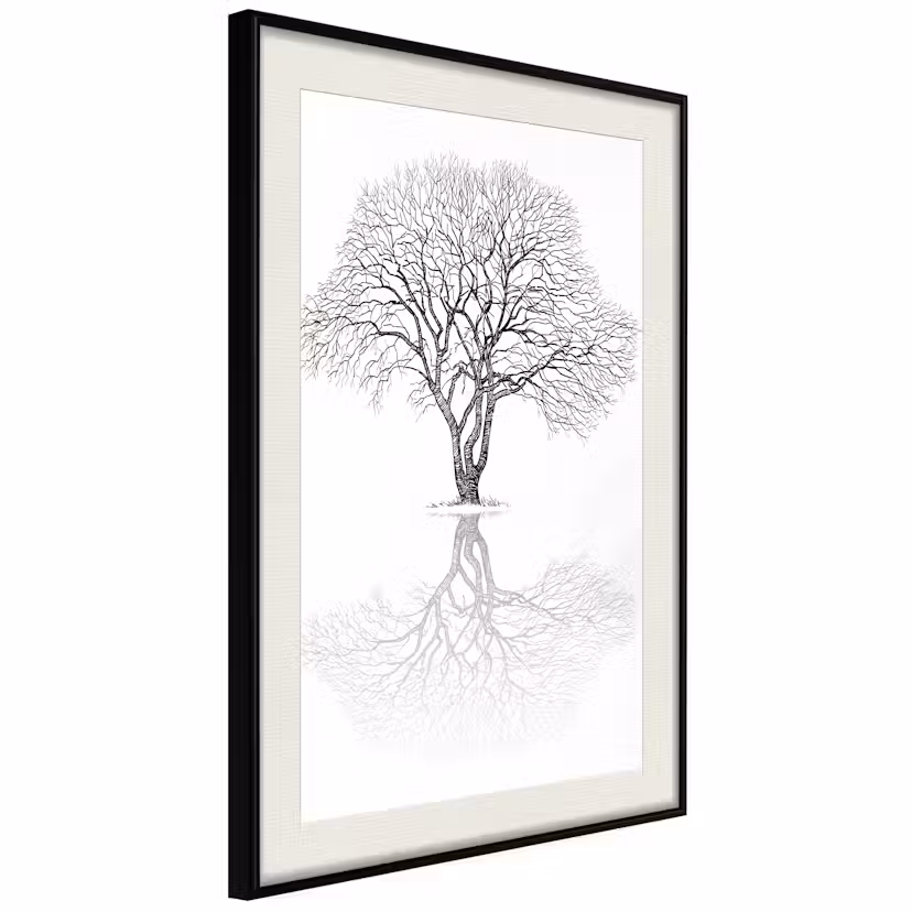 Poster Artgeist Affisch Reflection Tree Svart ram med passepartout, 30x45 cm